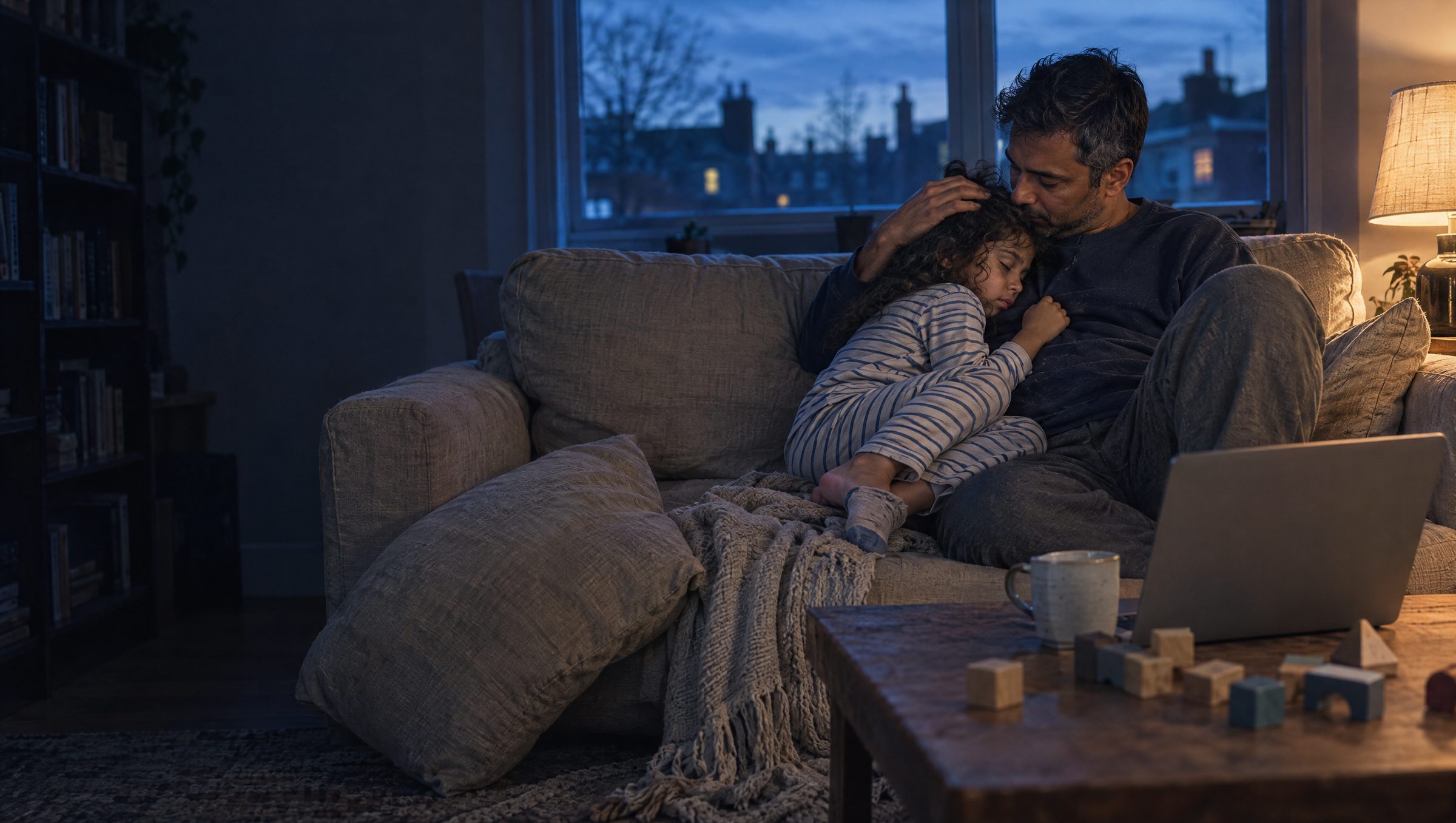 Parent and young child resting together on a sofa at dusk