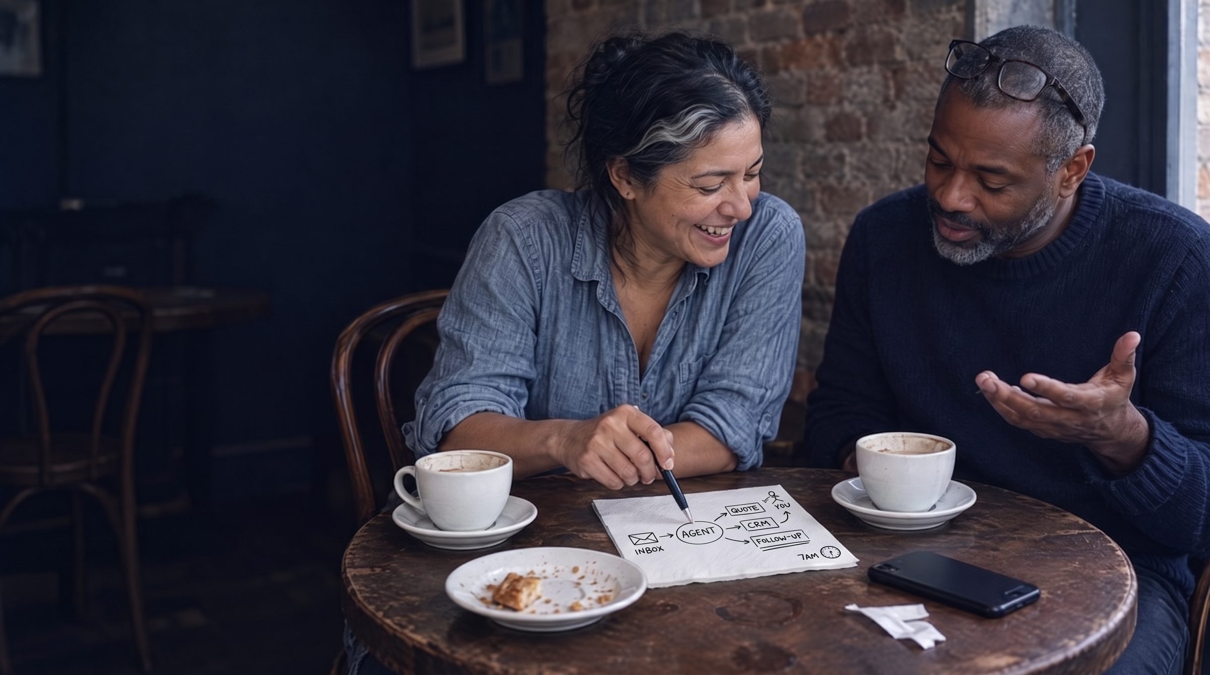 Two people at a café table, one sketching boxes and arrows on a napkin